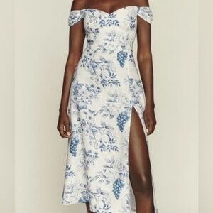 Reformation Bridgton Floral Off the Shoulder Linen Midi Dress Size 6
